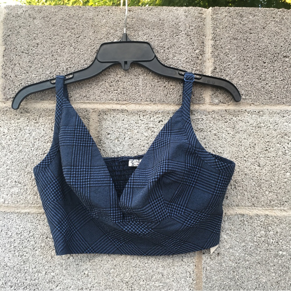 Free People Intimately Bralette Top Medium Blue Plaid Adjustable Straps Smocking